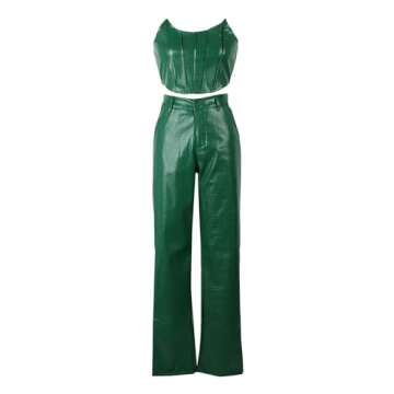 WOKANSE 2 Piece Set Women Sexy Crop Tube Top Going Out High Waist Straight Pants PU Leather Suit Fashion Streetwear Green XL