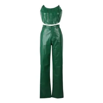 WOKANSE 2 Piece Set Women Sexy Crop Tube Top Going Out High Waist Straight Pants PU Leather Suit Fashion Streetwear Green XL