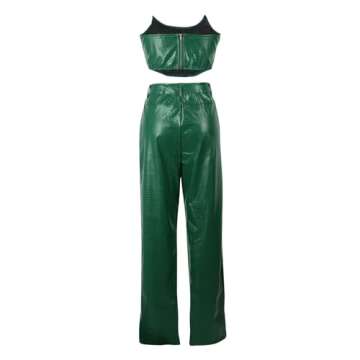 WOKANSE 2 Piece Set Women Sexy Crop Tube Top Going Out High Waist Straight Pants PU Leather Suit Fashion Streetwear Green XL