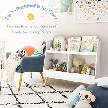 Curipeer Kids Bookshelf and Toy Organizer, 5 Cubbies Wooden Open Bookcase, 2-Tier Baby Storage Displ...