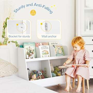 Curipeer Kids Bookshelf and Toy Organizer, 5 Cubbies Wooden Open Bookcase, 2-Tier Baby Storage Display with Legs, Free Standing Bookshelf for Playing Room, Bedroom, Nursery, Classroom, White