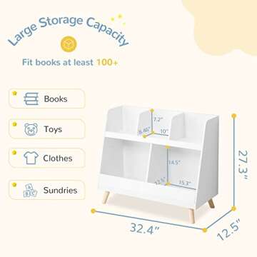 Curipeer Kids Bookshelf and Toy Organizer, 5 Cubbies Wooden Open Bookcase, 2-Tier Baby Storage Display with Legs, Free Standing Bookshelf for Playing Room, Bedroom, Nursery, Classroom, White