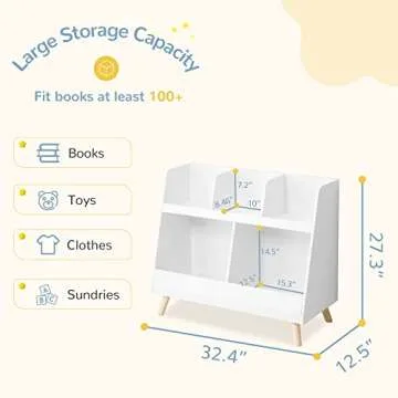 Curipeer Kids Bookshelf and Toy Organizer, 5 Cubbies Wooden Open Bookcase, 2-Tier Baby Storage Display with Legs, Free Standing Bookshelf for Playing Room, Bedroom, Nursery, Classroom, White