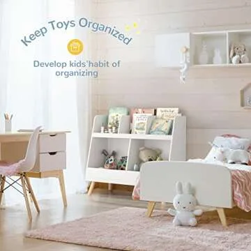 Curipeer Kids Bookshelf and Toy Organizer, 5 Cubbies Wooden Open Bookcase, 2-Tier Baby Storage Display with Legs, Free Standing Bookshelf for Playing Room, Bedroom, Nursery, Classroom, White