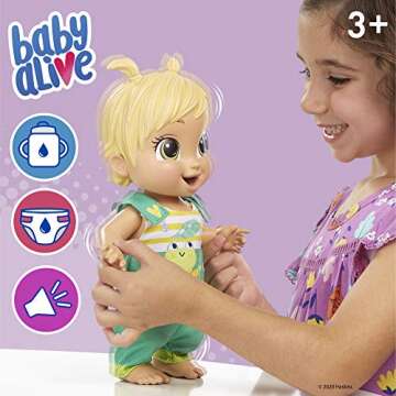Baby Alive Baby Gotta Bounce Doll, Frog Outfit, Bounces with 25+ SFX and Giggles, Drinks and Wets, Blonde Hair Toy for Kids Ages 3 and Up