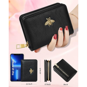 Bistup Credit Card Holder Wallet for Women Cute Leather Ladies Teen Girls Female Cardholder Wallets Accordion Purse Small Medium Aesthetic Print Bee Unique Modern Luxury Rfid Zipper Around