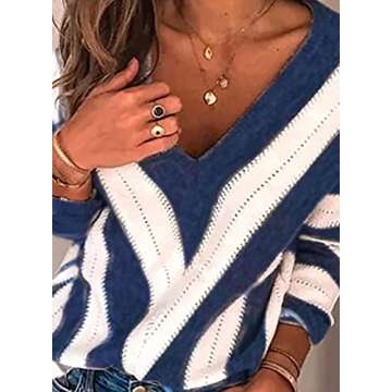 Elapsy Womens Ladies Casual Autumn Winter Stitching Contrast Color Block V Neck Pullover Sweater Jumper Top Outfit Blue L
