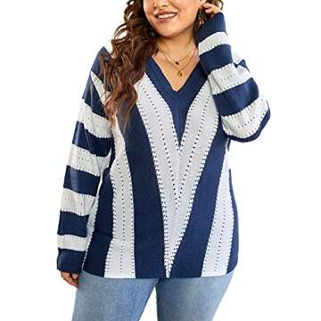Elapsy Womens Ladies Casual Autumn Winter Stitching Contrast Color Block V Neck Pullover Sweater Jumper Top Outfit Blue L