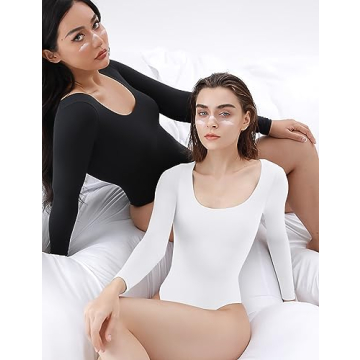PUMIEY Long Sleeve Bodysuit For Women Stylish Scoop Neck