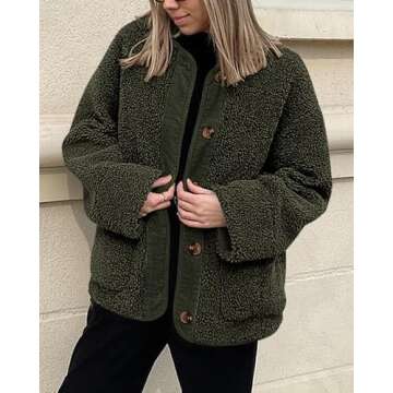 PRETTYGARDEN Women's Warm Winter Coats Casual Long Sleeve Button up Fuzzy Sherpa Fleece Jackets Outerwear