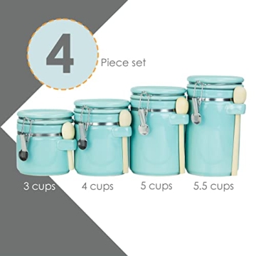 Canister Sets For The Kitchen (4 Piece) Turquoise, High Gloss Ceramic | By Home Basics | Decorative Set | With Wooden Spoons, Countertop For Flour, Sugar, Coffee, and Snacks