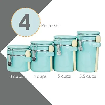 Canister Sets For The Kitchen (4 Piece) Turquoise, High Gloss Ceramic | By Home Basics | Decorative Set | With Wooden Spoons, Countertop For Flour, Sugar, Coffee, and Snacks