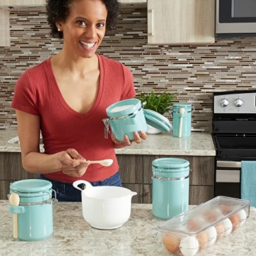 Canister Sets For The Kitchen (4 Piece) Turquoise, High Gloss Ceramic | By Home Basics | Decorative Set | With Wooden Spoons, Countertop For Flour, Sugar, Coffee, and Snacks