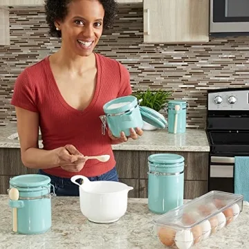 Canister Sets For The Kitchen (4 Piece) Turquoise, High Gloss Ceramic | By Home Basics | Decorative Set | With Wooden Spoons, Countertop For Flour, Sugar, Coffee, and Snacks