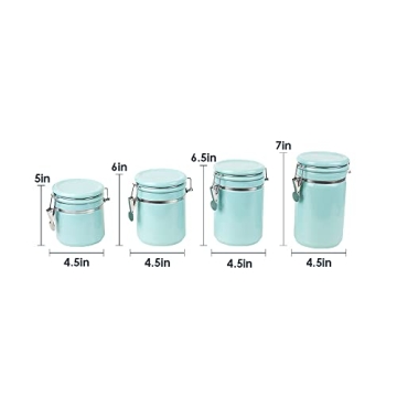 Canister Sets For The Kitchen (4 Piece) Turquoise, High Gloss Ceramic | By Home Basics | Decorative Set | With Wooden Spoons, Countertop For Flour, Sugar, Coffee, and Snacks