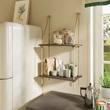 BAMFOX Hanging Wall Shelves,Swing Rope Floating Shelf,2 Tier Bamboo Hanging Storage Shelves for Living Room/Bedroom/Bathroom and Kitchen