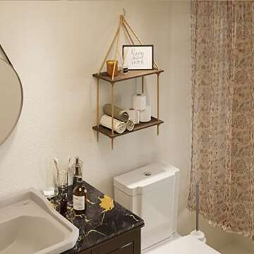 BAMFOX Hanging Wall Shelves,Swing Rope Floating Shelf,2 Tier Bamboo Hanging Storage Shelves for Living Room/Bedroom/Bathroom and Kitchen