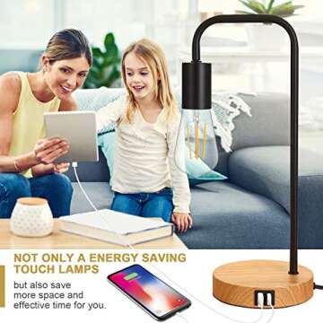3-Way Touch Control Dimmable Table Lamp with 2 USB Charging Ports, AC Outlet & Vintage St64 E26 Edison LED Bulbs Included, Industrial Metal Bedside Nightstand Desk Lamp Ideal for Bedroom Living Room