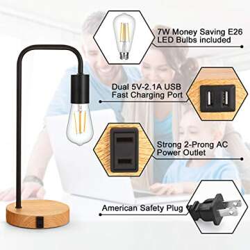 3-Way Touch Control Dimmable Table Lamp with 2 USB Charging Ports, AC Outlet & Vintage St64 E26 Edison LED Bulbs Included, Industrial Metal Bedside Nightstand Desk Lamp Ideal for Bedroom Living Room