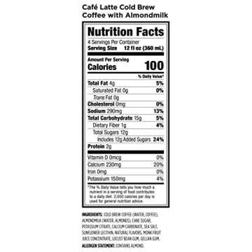 Califia Farms Café Latte Cold Brew Coffee with Almondmilk, 48 Oz (Pack of 8) | Dairy Free | Plant Based | Nut Milk | Vegan | Non-GMO