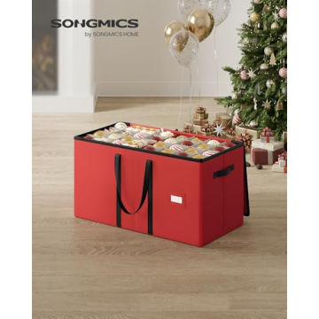 SONGMICS Christmas Ornament Storage Box, 3 Inches 128 Slots, Stackable Christmas Storage Container with Lid, Dual Zippers, Adjustable Dividers, Non-Woven Fabric, Cherry Red URFB039R01