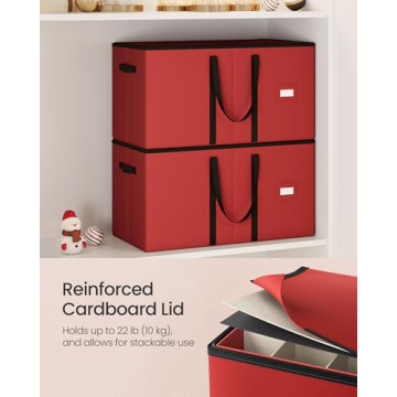 SONGMICS Christmas Ornament Storage Box, 3 Inches 128 Slots, Stackable Christmas Storage Container with Lid, Dual Zippers, Adjustable Dividers, Non-Woven Fabric, Cherry Red URFB039R01