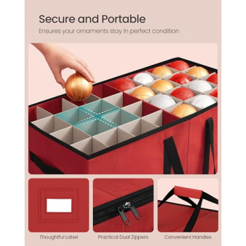 SONGMICS Christmas Ornament Storage Box, 3 Inches 128 Slots, Stackable Christmas Storage Container with Lid, Dual Zippers, Adjustable Dividers, Non-Woven Fabric, Cherry Red URFB039R01