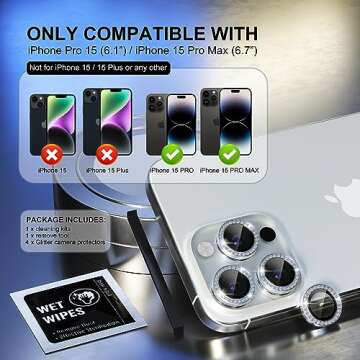 Choiche Compatible for iPhone 15 Pro/iPhone 15 Pro Max Camera Lens Protector Bling, 9H Tempered Glass Camera Cover Screen Protector Metal Ring Decoration Accessories (Diamond-Silver)