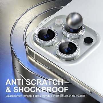 Choiche Compatible for iPhone 15 Pro/iPhone 15 Pro Max Camera Lens Protector Bling, 9H Tempered Glass Camera Cover Screen Protector Metal Ring Decoration Accessories (Diamond-Silver)