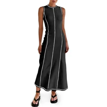 Wenrine Womens Sleeveless T Shirt Dress Summer Contrast Stitch Ribbed Knit Tank Maxi Dresses Black