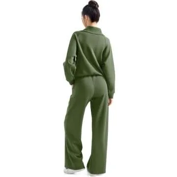 SUUKSESS Women 2 Piece Lounge Matching Sets Wide Leg Sweatpants Half Zip Oversized Sweatshirts (Army Green, M)
