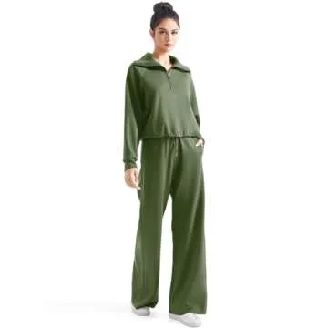 SUUKSESS Women 2 Piece Lounge Matching Sets Wide Leg Sweatpants Half Zip Oversized Sweatshirts (Army Green, M)