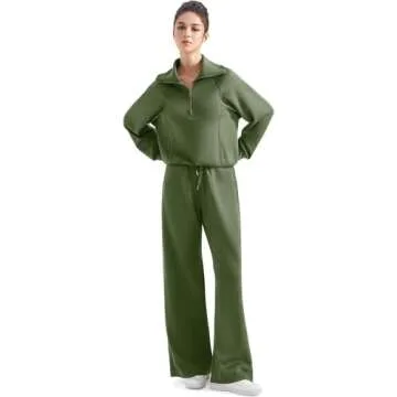 SUUKSESS Women 2 Piece Lounge Matching Sets Wide Leg Sweatpants Half Zip Oversized Sweatshirts (Army Green, M)