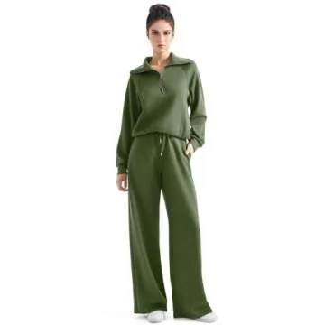 SUUKSESS Women 2 Piece Lounge Matching Sets Wide Leg Sweatpants Half Zip Oversized Sweatshirts (Army Green, M)