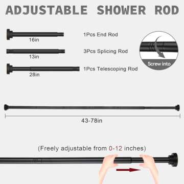 Thestoa Shower Curtain Rod Adjustable 43-78 inch, 1"Diameter Spring Tension Curtain Rod No Drill, Anti-Rust Non-Slip Shower Rod, Black Shower Curtain Rod for Bathroom Tension
