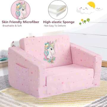 JoiyeScent Large Play Kids Sofa, Children's 2 in 1 Convertible Sofa to Lounger, Extra Soft Sofa Bed Fold Out for Toddler Girls, Cute Unicorn Print Pre-Assembled Kids Furniture for Playroom Bedroom