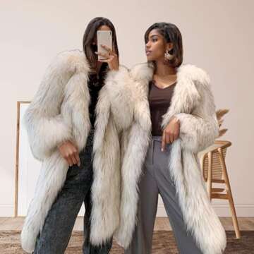 LRYBSA Shaggy Fluffy Faux Fur Coat Long Sleeve Long Jacket,Grey white Color Sweater, Women's Fashion Puffy Overcoat Outwear