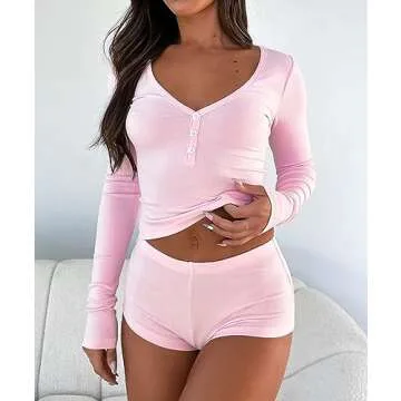 Cioatin Women 2 Piece Ribbed Knit Pajama Set Long Sleeve Button Crop Top and Shorts Lounge Sweatsuits Sleepwear PJ Set Pink