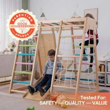 Avenlur Magnolia Indoor Playground 7-in-1 Jungle Gym Playset for Kids 2-6yrs - Slide, Climbing Wall, Rope Wall Climber, Monkey Bars, Swing - Waldorf and Montessori Style Wooden Climb Set. USA Company.