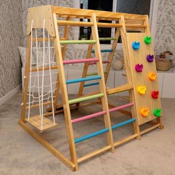 Avenlur Magnolia Indoor Playground 7-in-1 Jungle Gym Playset for Kids 2-6yrs - Slide, Climbing Wall, Rope Wall Climber, Monkey Bars, Swing - Waldorf and Montessori Style Wooden Climb Set. USA Company.