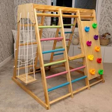 Avenlur Magnolia Indoor Playground 7-in-1 Jungle Gym Playset for Kids 2-6yrs - Slide, Climbing Wall, Rope Wall Climber, Monkey Bars, Swing - Waldorf and Montessori Style Wooden Climb Set. USA Company.