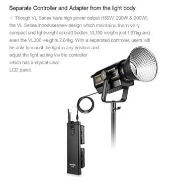 Godox VL150 LED Video Light, 150W 5600K Bowens Mount Continuous Video Light,CRI 96 TLCI 95, 61000Lux@1m, 0-100% Dimming, Bluetooth and Wireless Radio Remote, with V-Mount Plate Controller Box