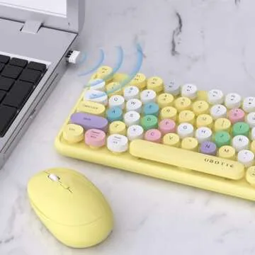 UBOTIE Colorful Computer Wireless Keyboard Mouse Combos, Typewriter Flexible Keys Office Full-Sized Keyboard, 2.4GHz Dropout-Free Connection and Optical Mouse (Yellow-Polychrome)