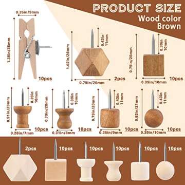 114 Pcs Decorative Wooden Head Pins in 2 Colors and 7 Types - Thumb Tacks for Bulletin Boards and Crafts, With Storage Box