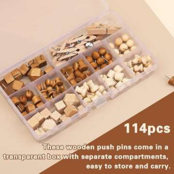 114 Pcs Decorative Wooden Head Pins in 2 Colors and 7 Types - Thumb Tacks for Bulletin Boards and Crafts, With Storage Box