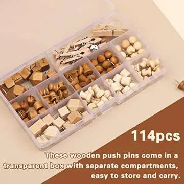 114 Pcs Decorative Wooden Head Pins in 2 Colors and 7 Types - Thumb Tacks for Bulletin Boards and Crafts, With Storage Box