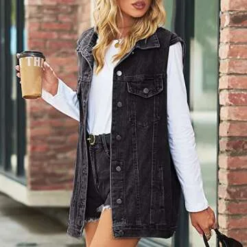 Anzber Women's Denim Vest Oversized Casual Classic Sleeveless Button Denim Jacket,Black,M