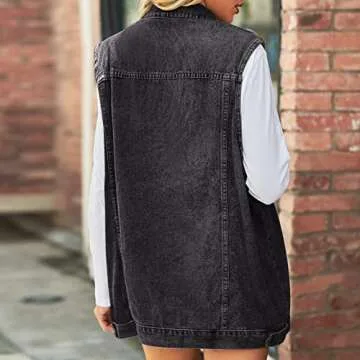 Anzber Women's Denim Vest Oversized Casual Classic Sleeveless Button Denim Jacket,Black,M