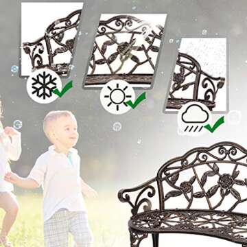 FDW Garden Bench Park Bench Metal Bench Outdoor Benches Clearance Patio Yard Bench Entryway Bench Floral Rose Accented Bronze