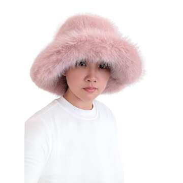 Lina & Lily Oversized Winter Faux Fur Bucket Hat for Women - Long Pile Fur Wide Moldable Brim (Dusty...